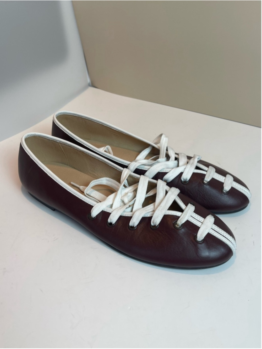 Maeve Genuine Leather Contrast Lace-Up Ballet Flats Burgundy Oxblood Sz 9